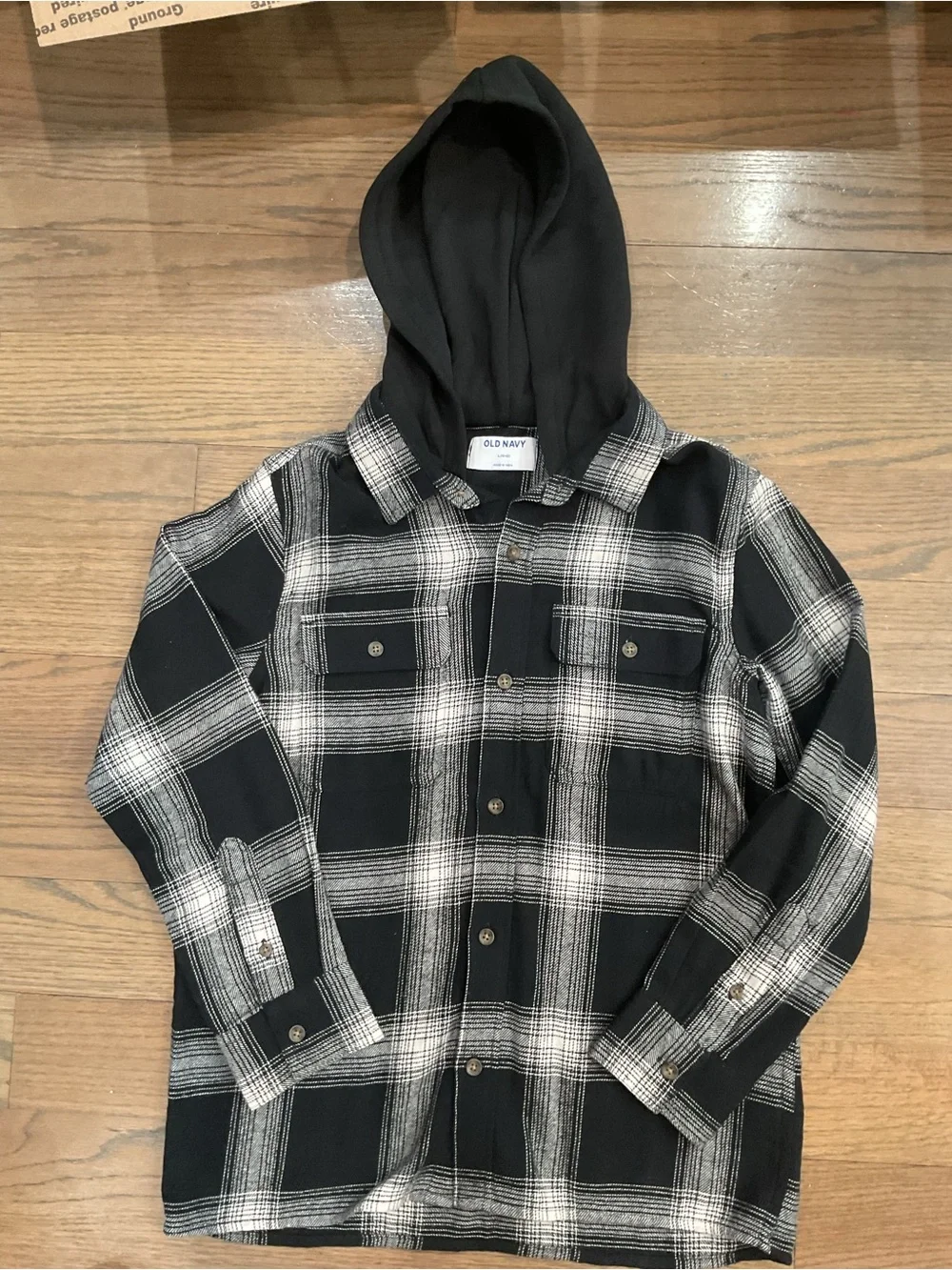 Old Navy Boys Black & White Plaid Hooded Shirt Jacket Size L (10–12)